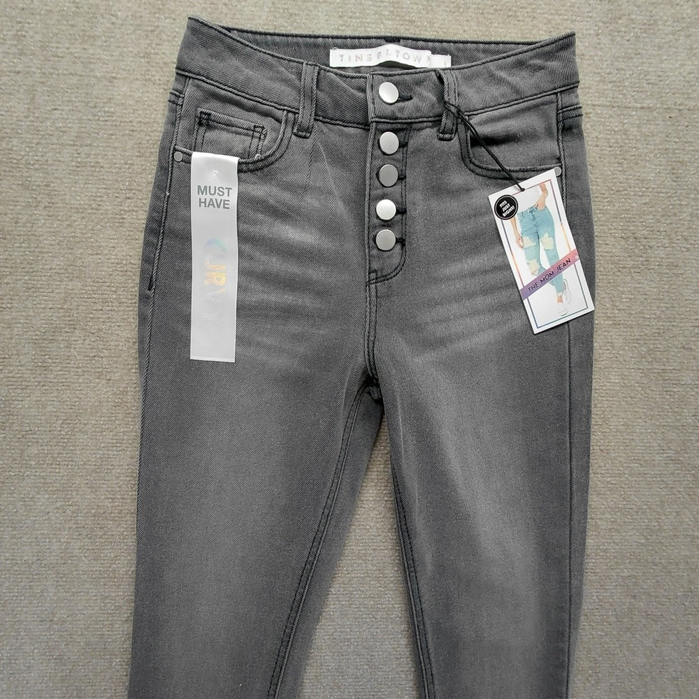 NEW Tinseltown Hi-Rise Mom Jean Junior Sz 1 Denim Faded Black Button Fly Raw Hem